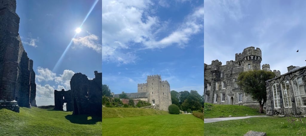 Three English Castles in the Lake Lake District with green grass and blue skies and the sun shining.