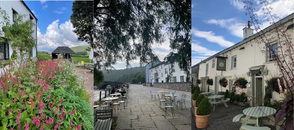 Three pubs and restaurants to see in the South Lakes, Lake District. With greenary and blue skies. The Farmers Arms in Lowick, The Swan at Newby Bridge and the Cavendish