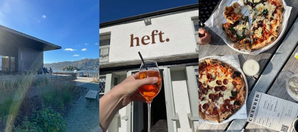 Places to see and eat in the South Lakes. A lakeside cafe next to Lake Windermere. A glass of Aperol Spritz outside a restaurant in the Lake District and pizzas on a table.
