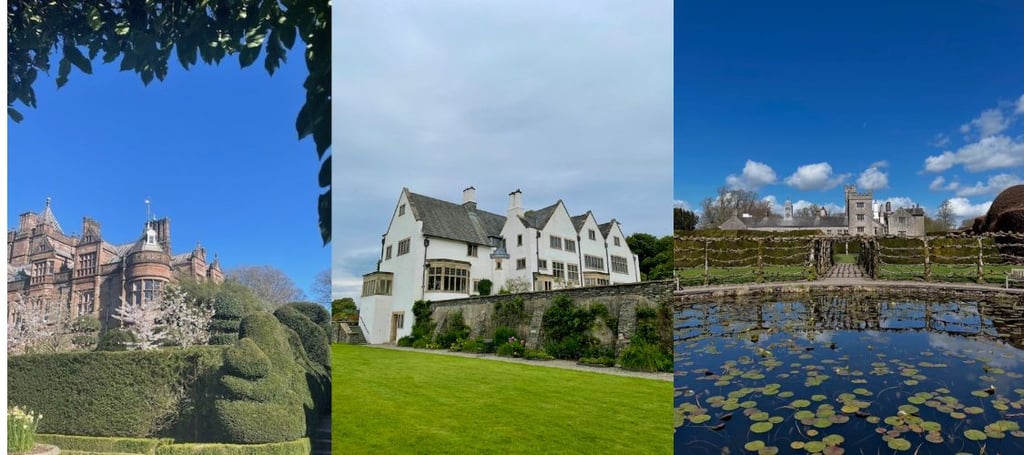 Three house and gardens to see in the South Lakes, Lake District, Cumbria. Blue sky pictures showing a large house with gardens and folliage in front.