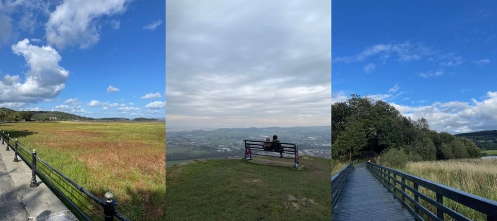three walks in the south Lakes, Lake district. Pathways through green fields and near water. Middle image shows two boys sat on a bench over looking Ulverston from Hoad Monument
