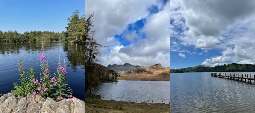 Three images of Wild Swimming Spots. High Dam, Blea Tarn and Coniston Water. All show water with mountains and blue skies