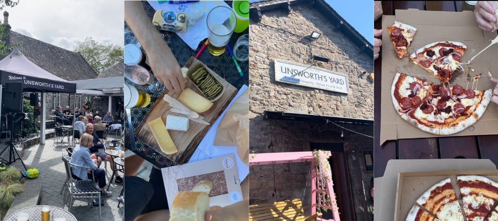 Sunshine on Unsworths yard. Pizza in pizza box. Cheese board being shared. Live music outside Unsworths yard in Cartmel.