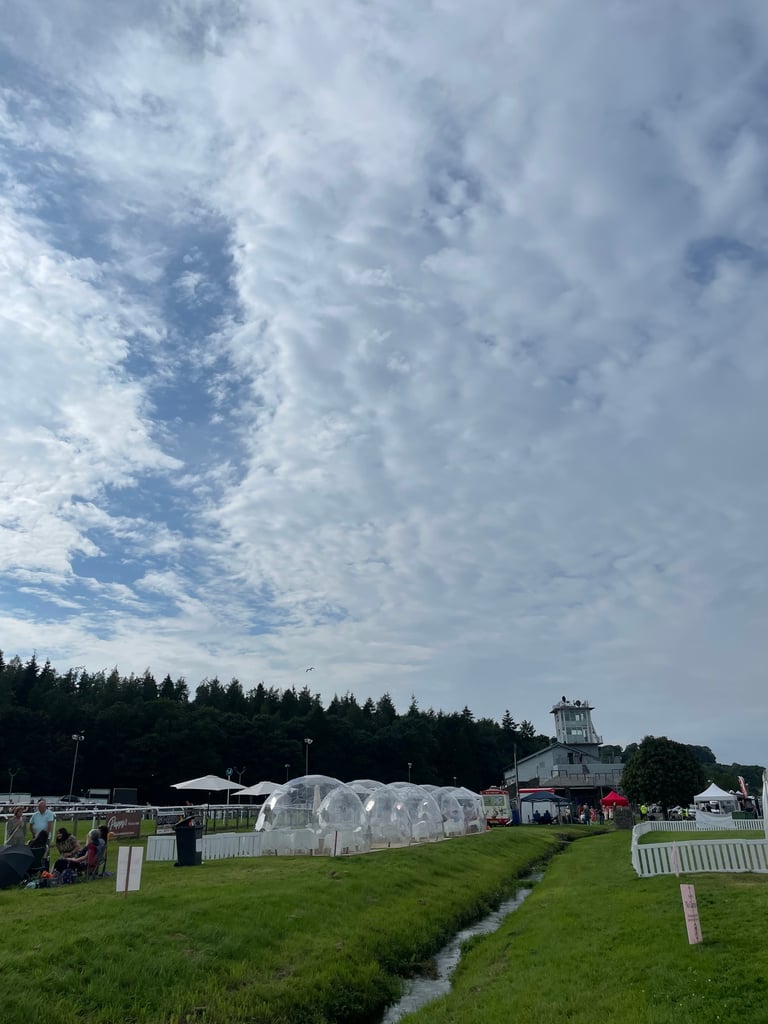 Cartmel Races on the Enclosure side. Bubble pods for people to watch the races , a small stream and the grand stand are shown