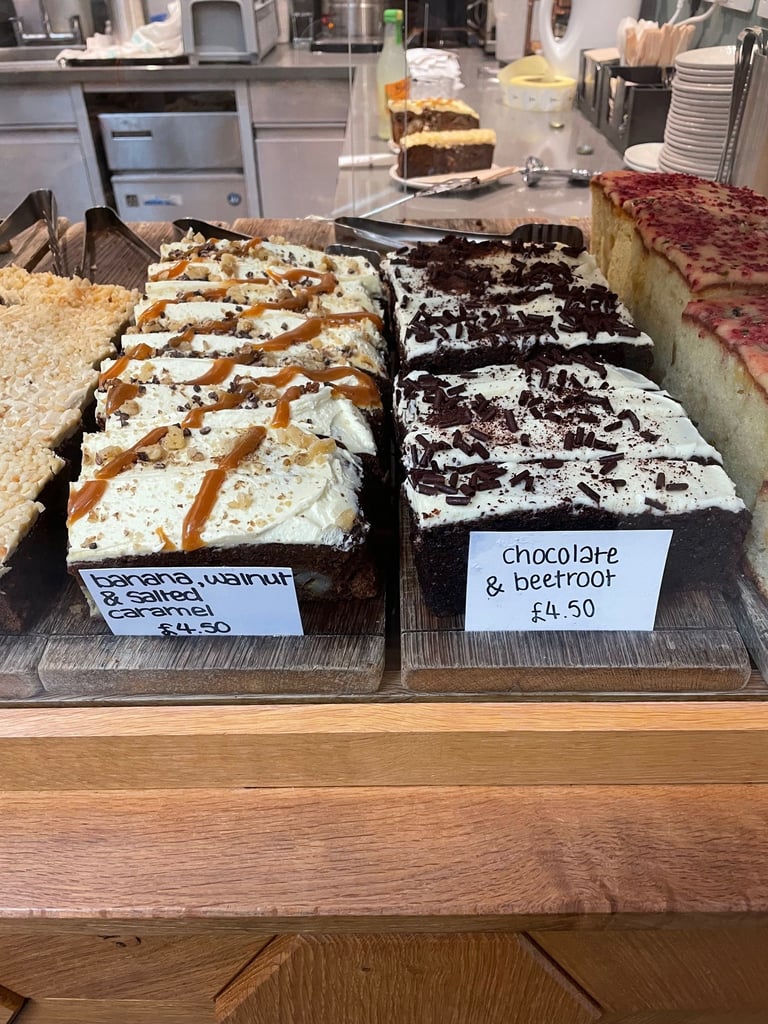Cakes lined up in a cafe in the Lake District