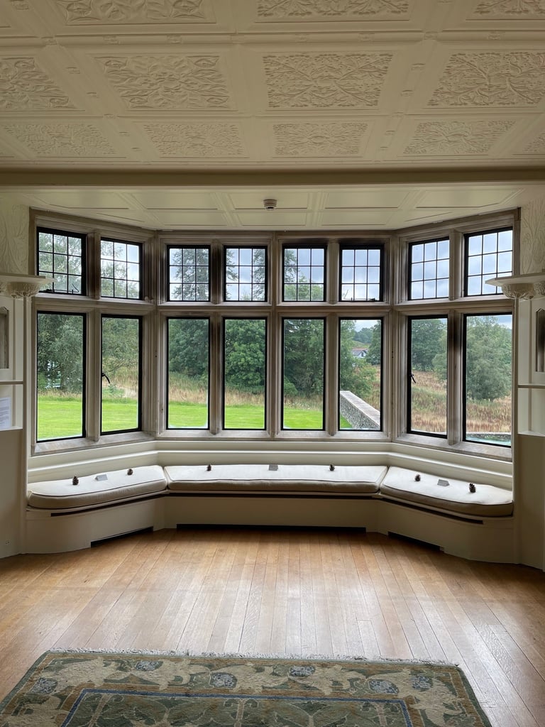 The White Room at Blackwell Arts and Craft house near Lake Windermere in the Lake District. View from the window