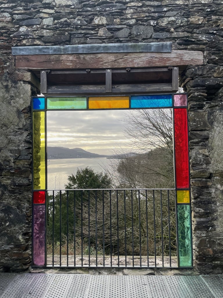 The famous Claife viewing station walk and window with views over Lake Windermer