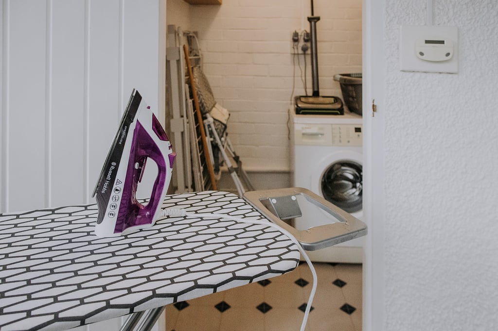 Ironing board and iron in front of the laundry room. Washing machine and heated dryer behind.